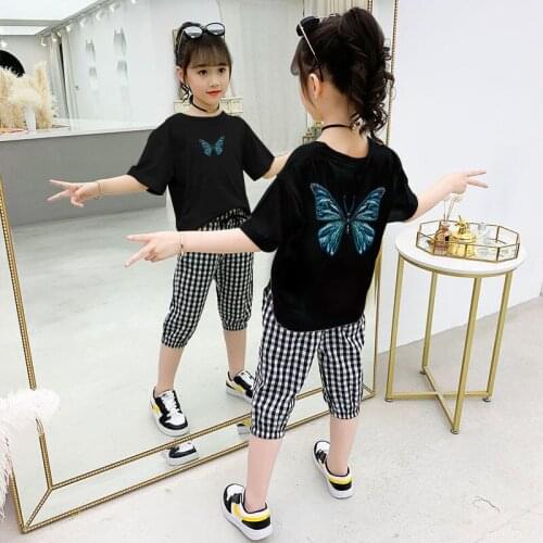 Girls 2021 Summer Butterfly T-shirt Seven Points Pants Multicolor Child Two-piece Set