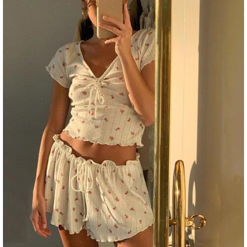 Summer Female Spaghetti Strap Sleepshirts Stringy Selvedge Flower Dress Lady Nightgown Nightdress Sleep Loungewear Pajamas Suit