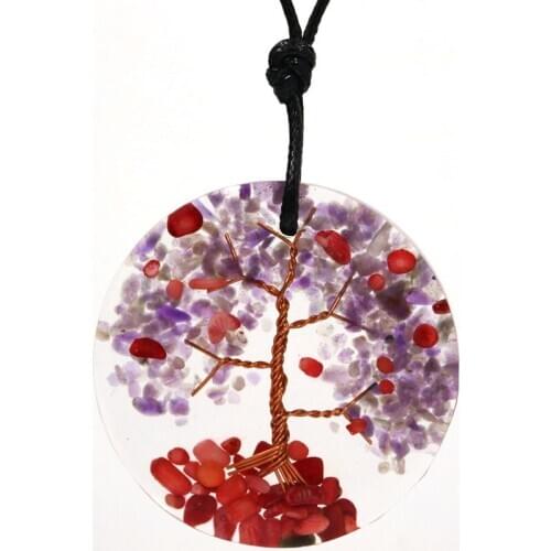 Copper Orgone Energy Many Colors Stone and Resin Pendant Handmade Weave Rope Chain Necklace Tree of Life Jewelry