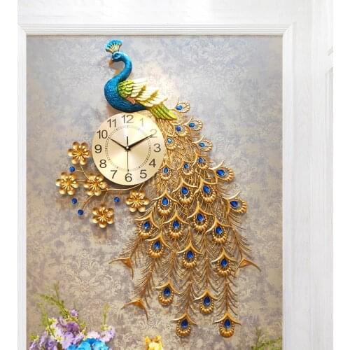 Wall Clocks Big Crystal Peacock Modern Design 3D Luxury Clocks Wall For Living Room Home Decor Wall Clock Wall Watches Wedding