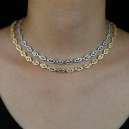 Micro pave white cz blue turquoises stone tiny evil eye charm Lucky turkish evil eye choker necklace