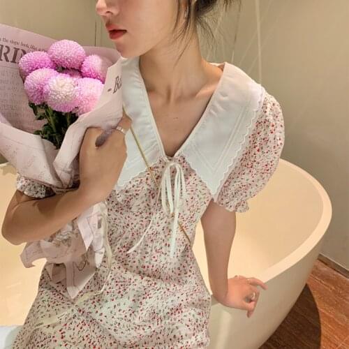 2021 Summer Elegant Floral Dress Women Kawaii Sweet Korean Casual Puff Sleeve Dress Female Designer Fit Chic Holiday Dress 2021