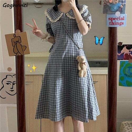 Dresses Women Simple Trendy Plaid Aesthetic Streetwear Lace Vintage Student Japanese Style Lovely Female All-match Leisure Basic