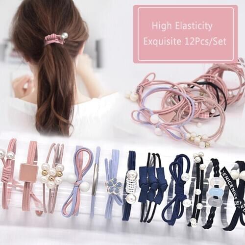 12 Pcs Korean Fashion Girl Elasticity Rubber Band Pearl Hair Rope Ladies Sweet Headwear Ponytail Hair Band Set Hair Accessory
