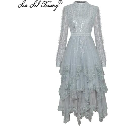 Seasixiang Fashion Designer Autumn Mesh Dress Womens Stand collar Long sleeve Sequins Cascading Ruffle Asymmetrical Dresses