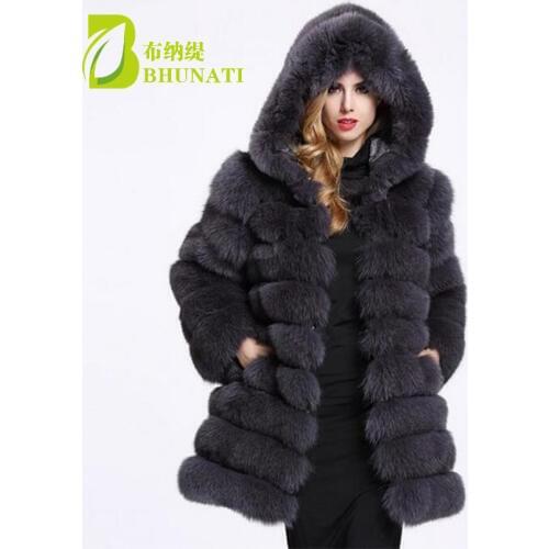 BHUNATI Fashion Women Faux Mink Fur Coat Hooded Female Winter Thick Warm Long Sleeve Black Long Coat Female Winter Overcoat