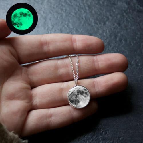 Glow In The Dark Moon Necklace 14mm Galaxy Planet Glass Cabochon Pendant Necklace Chain Luminous Jewelry Women Gifts