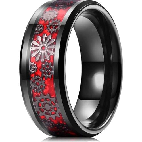 Vintage Mens Steampunk Gold Gear Wheel Stainless Steel Ring Celtic Dragon Inlay Red Carbon Fiber Ring Gothic Mens Wedding Band