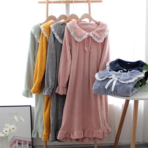 Autumn and winter nightdress long sleeve ladies flannel nightgown lace sexy solid color home skirt 2020 new bathrobe ночнушка
