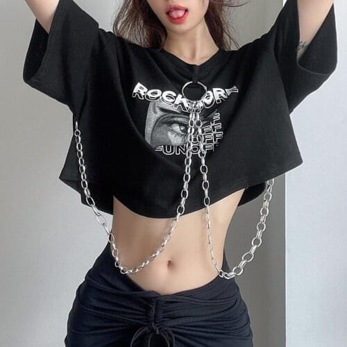 Chain Harajuku Crop T Shirt Sexy Loose Casual Fashion Print T Shirts O Neck Short Sleeve Open Navel 2021 Summer Women T Shirt