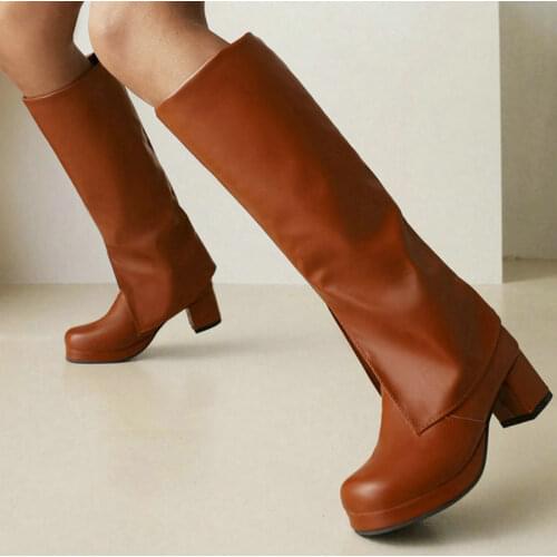 Black White Brown Women Knee High Boots Platform Square Heel Ladies Calf Boots PU Leather Round Toe Womens Boots Big Size 45