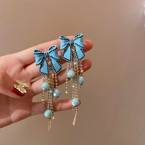 2021 New Statement Blue Bow Crystal Ball Tassel Personality Dangle Earrings For Women Fashion Jewelry Gift Oorbellen Brincos