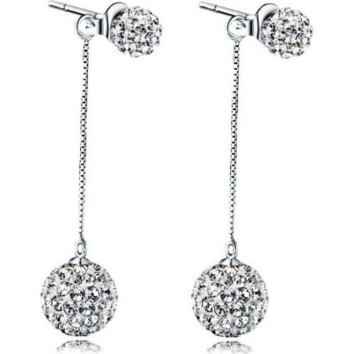 925 Sterling Silver Elegant Double Round Crystal Zircon Ball Long Tassel Drop Earrings Jewelry For Women Gifts S-E01