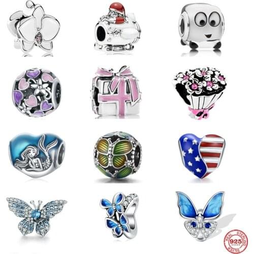 2021 New Fit Original Pandora Charms Bracelet 925 Sterling Silver Flowers Gift Box Mermaid Butterfly Beads DIY Women Jewelry