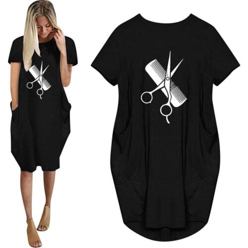 New Hairdresser Stylist Scissors Comb Print Women Casual Loose Dress With Pocket Ladies O Neck Long Tops Female T Shirt Dress