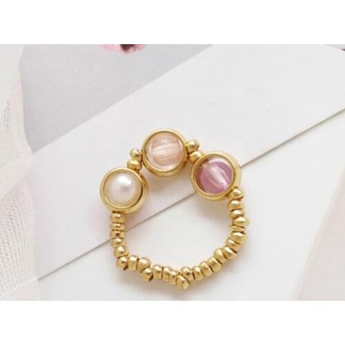 Vintage Gold Color Bead Rings For Women Handmade Multicolored Stone Elastic Ring Female Adjustable Jewelry