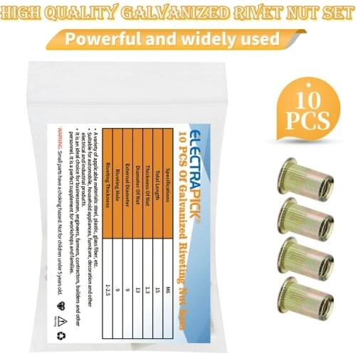 Electrapick 10pcs M3 M4 M5 M6 M8 M10 Zinc Plated Rivet nuts Set Nutserts Threaded Insert Nuts Flat Head Rivet Nuts Copper