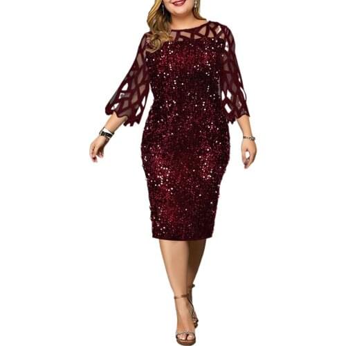 2021 DA Party Dresses Sequin Womens Robe Mesh See Through Long Sleeve Bodycon Wedding Evening Party Club Vestidos Plus Size