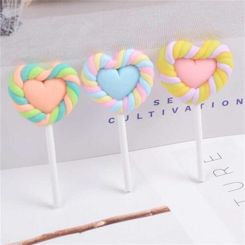 Julie Wang 6PCS Resin Lollipop Charms Colorful Slime Polymer Clay Heart Shape Candy Artificial Food Jewelry Making Accessory