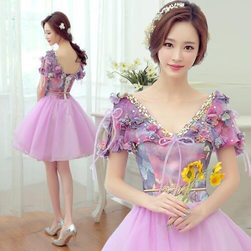 Free ship light purple printing flowers beading short lolita dress