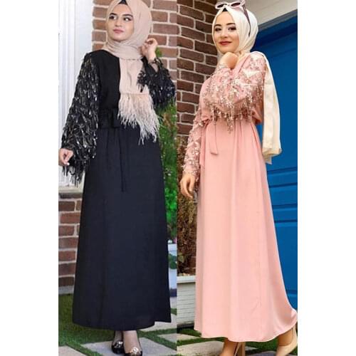 Dubai Arab Muslim Dress Women Sequin Tassel Lace-up Hijab Maxi Abaya Islam Turkey Kimono Moroccan Kaftan Robe Islamic Clothing