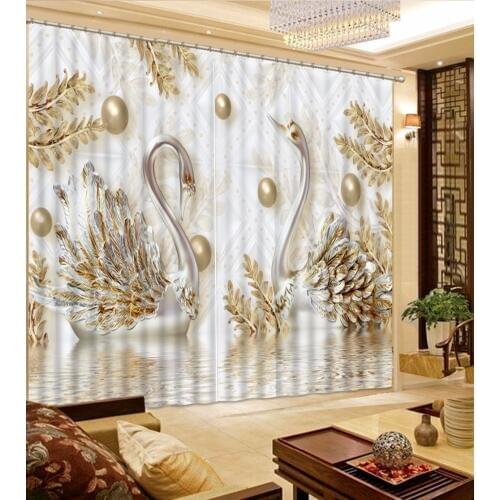 European Luxury Curtains Gold Swan Curtains For Living Room Bedroom Children Room Sheer Curtains 3D Window Drapes