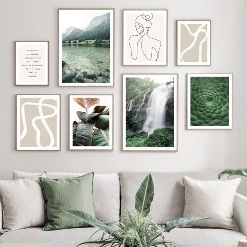 Mountain River Monstera Abstract Line Girl Body Wall Art Canvas Painting Nordic Posters And Prints Wall Pictures For Living Room