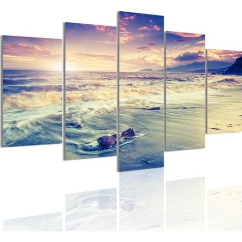 Morning Sun Over Sea Overcast 5 Panels HD Canvas Painting Posters Wall Art Print Pictures Living Room Interior Home Decor Frame