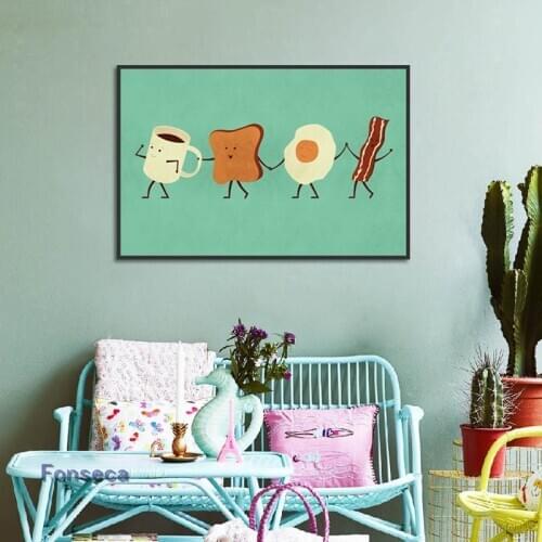 Cute Cartoon Style Breakfast Canvas Painting Cup Toast Slices Fried Egg Bacon Posters And Prints Wall Pictures Home Decoration