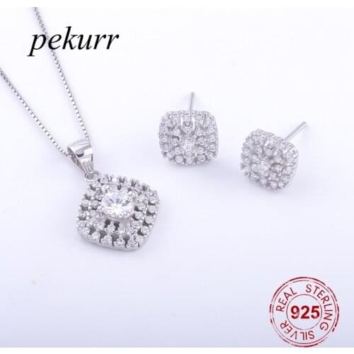 Pekurr 925 Sterling Silver Luxurious Crystal Square Flower Earrings Necklace Sets For Women Exquisite Pendants Jewelry Set