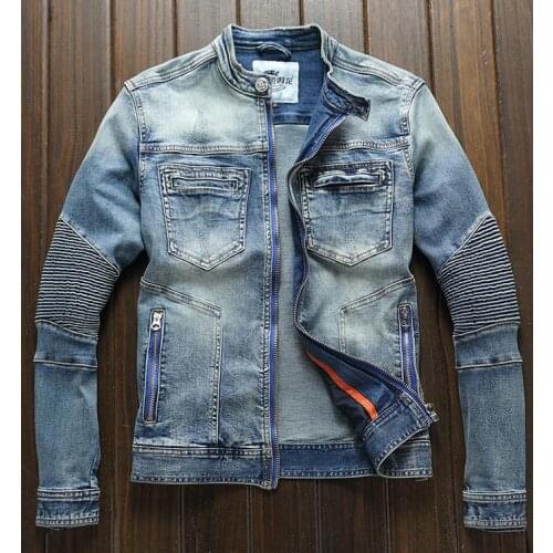 Blue Denim Cotton Jean Classic Biker Motorcycle Jacket Stand Collar Zipper Stretch Denim Outwear Coat