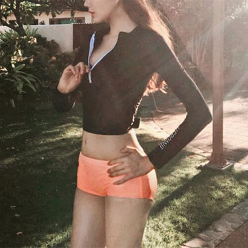 Korean Long-Sleeved Zipper Sunscreen Letter Printing Split Sports Hip Shorts Halter Strap Bow Bikini Student Hot Spring Swimsuit