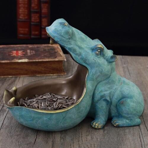 Resin Hippo Statue Hippopotamus Sculpture Figurine Key Candy Container Decoration Home Table Decoration Accessories Gift