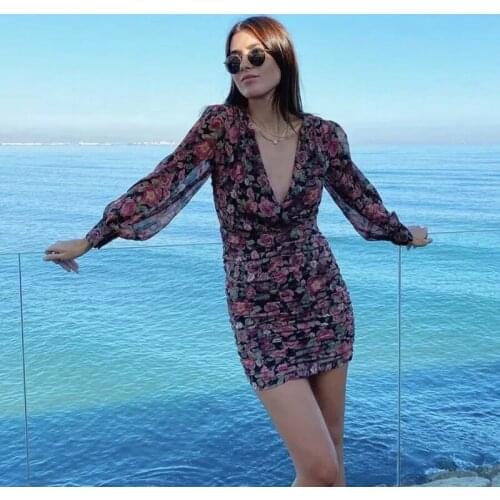 Foridol Floral Print Ruched Party Dress Autumn Winter Long Sleeve Elegant Deep V Neck Dress Vestidos De Fiesta 2021