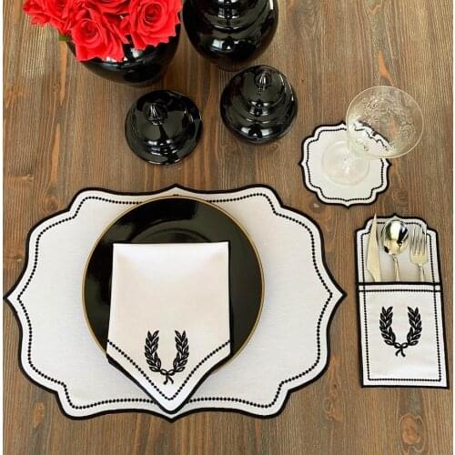 Embroidered Placemat %100 Linen Turkish Made Quality Set 1 Person Set 4 Piece Black - Silver - Gold