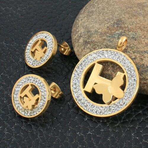 Round Letter Style Stainless Steel Jewelry Sets For Women And Girl Gold Color Pendants And Earrings SRYZ083