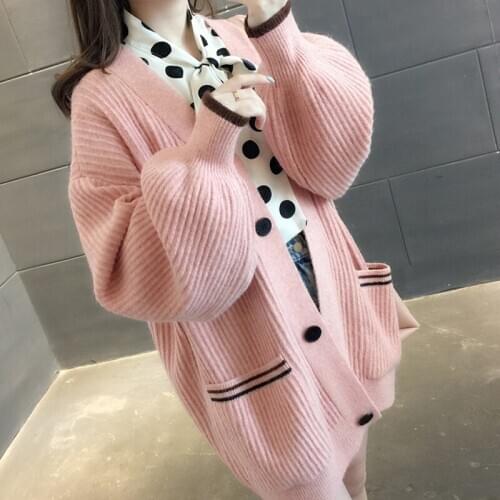 Lucyever Autumn Women Cardigan Sweater Fashion Pocket Long Sleeve V Neck Knitted Solid Sweater Coat Loose Korean Button Sueter