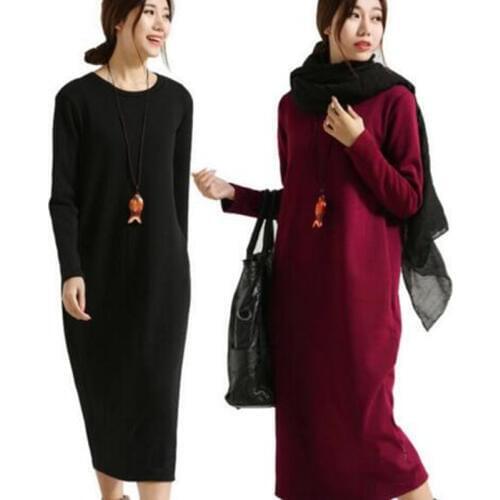 Plus Size XS-5XL/6XL Spring Autumn Women Full Dress Solid Color Thickening Thermal Dress Long Sleeve Warm Casual Dresses Black