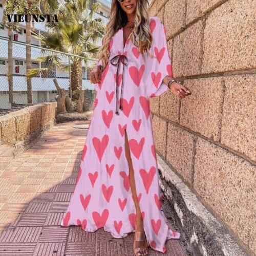 Sexy Heart Print Elastic Waist Slit Long Dress Women Spring V Neck Loose A-Line Party Dress Autumn Hem Robe Vintage Maxi Dresses