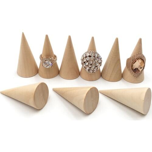 1/2/5/10pcs Vintage Natural Unpainted Wood Finger Cone Ring Holder Jewelry Display Stand Organizer Storage Rack Showcase