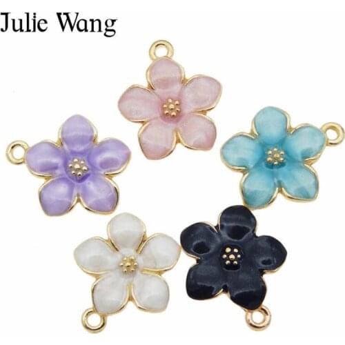 Julie Wang 10PCS Enamel Colorful Flowers Charms 5 Colors Gold Tone Bracelet Necklace Alloy Pendant Jewelry Making Accessory