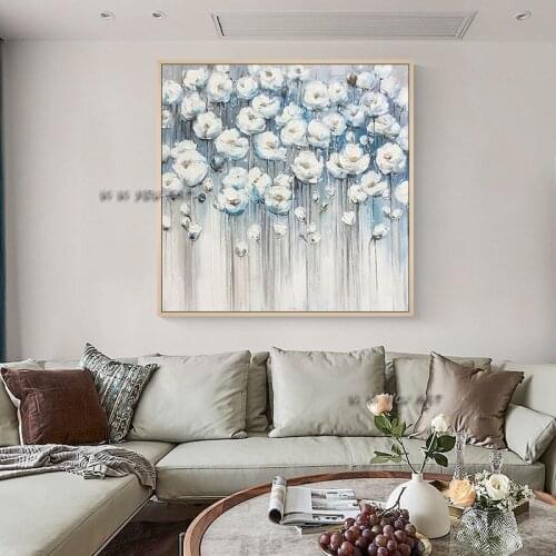 100% Handmade Abstract Oil Painting Blue Flowers Minimalist Modern Wall Art Decorative For Living Room No Framed