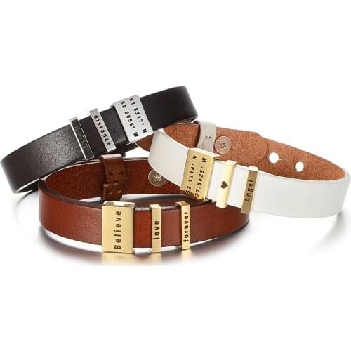 3 Colors Customized Coordinates Engrave Name Bracelet Stainless Steel Personalized Accessories Genuine Leather Men Woman Bangle