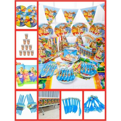 82Pc/set Winnie Bear Party Supplies Disposable Tableware Tablecloth Banner Plates Cups Birthday Decorations Favors Gifts