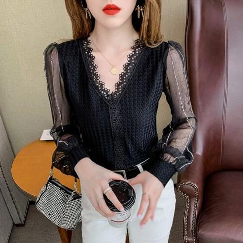 #8634 Black Mesh Lantern Sleeves T Shirt Women V Neck Basic T Shirt Female Slim Casual Womens Tee Shirts Slim Spring Autumn 2021