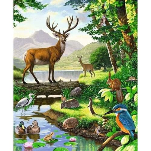 5D Diamond Painting by Number Wild Animals River Side Deer Rabbit Love Bird Duck Full Diamond Embroidery Cross Stitch Home Decor