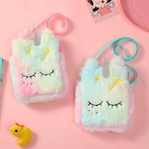 Kids Plush Toys Cute Unicorn Cartoon Coin Purse Girls Wallet Bag Gradient Children Shoulder Bag Travel Crossbody Bags Kids Gifts