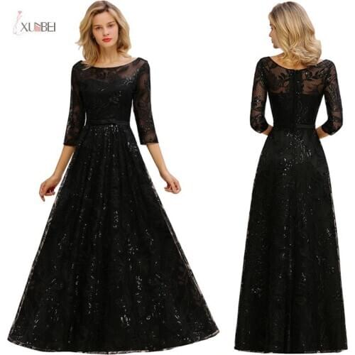 Long Black Bridesmaid Dresses 2020 Elegant Half Sleeve Wedding Guest Party Gown A line Sequins robe demoiselle d'honneur