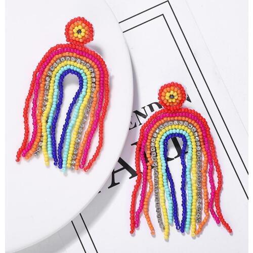 Dvacaman Rainbow Tassel Drop Earrings for Women Wedding Handmade Beaded Multi Color Statement Earrings Christmas Gift Jewelry