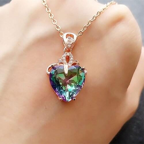 Ekopdee Minimalist Love Heart Dangle Zircon Necklace For Women Rainbow Color CZ Crystal Elegant Chain Necklaces Female Jewelry